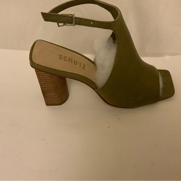 SCHUTZ HEELS 7.5 BACK STRAP MOSS GREEN LEATHER DAWN ANTHROPOLOGIE NEW sz 7.5 - Picture 1 of 11